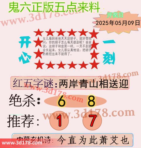 鬼六五点来料3d第2025119期两胆码推荐：1 7