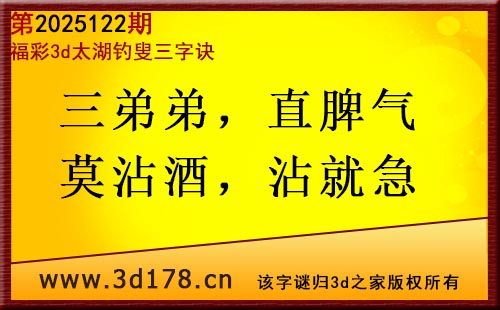3d第2025122期太湖图库解字谜：三弟弟，直脾气