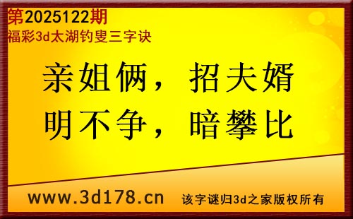 3d第2025123期太湖图库解字谜：亲姐俩，招夫婿