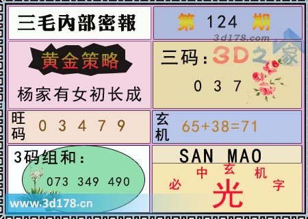 第2025124期3d三毛内部密报三码推荐：037