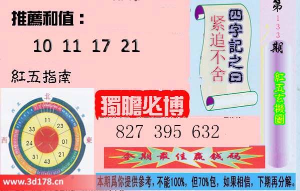 第2025133期3d红五玄机图四字记之曰：紧追不舍