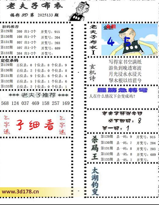 老夫子布衣图3d第2025133期预测今日：杀一码1