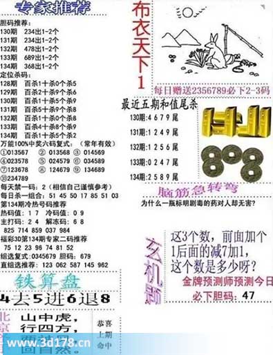 3d布衣天下第2025134期胆码推荐：368