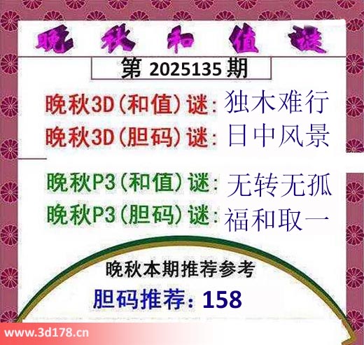 3d红五晚秋图第2025135期和值谜：独木难行
