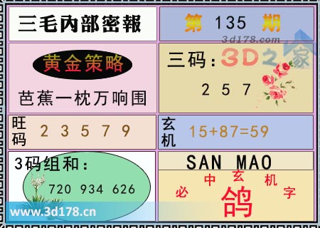 第2025135期3d三毛内部密报旺码推荐：23579