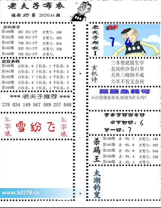 老夫子布衣图3d第2025144期预测今日：必下胆码6
