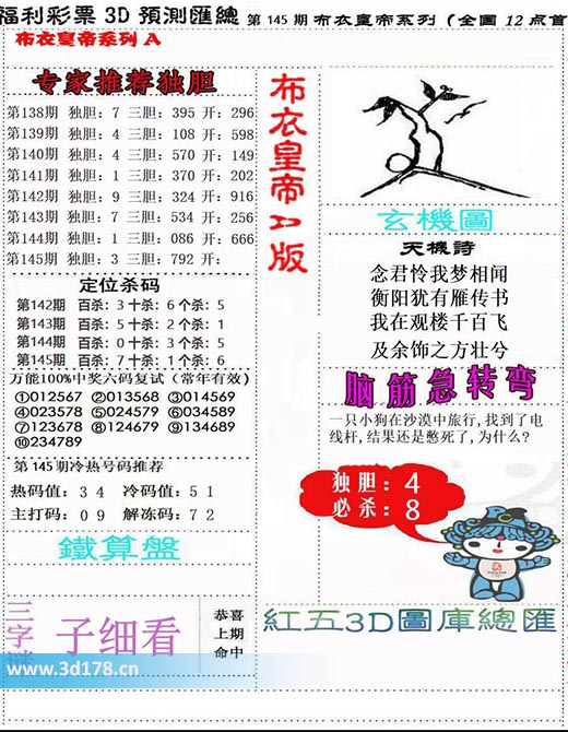 3d布衣皇帝第2025145期解冻码：7 2