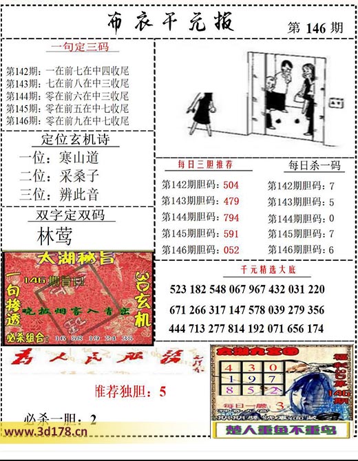 布衣千元报3d第2025146期每日三胆推荐：052