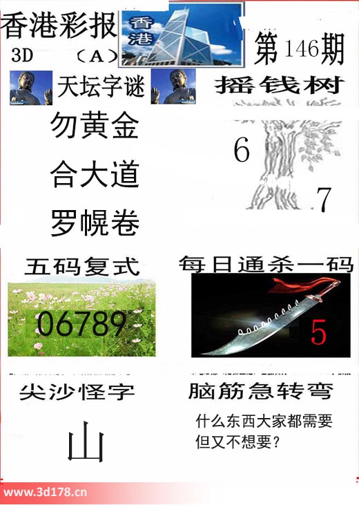 香港彩报3d第2025146期每日通杀一码：5