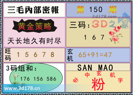 第2025150期3d三毛内部密报旺码推荐：15678