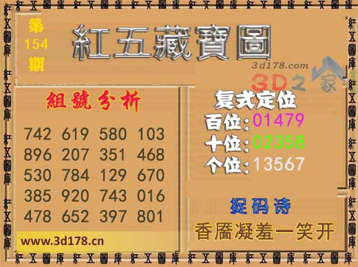 3d第2025154期红五藏宝图推荐百位：01479