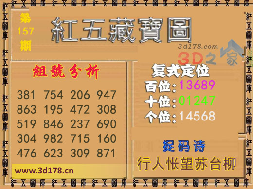 3d第2025157期红五藏宝图推荐十位：01247