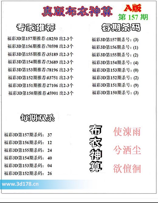 3d第2025157期布衣神算推荐：双杀37