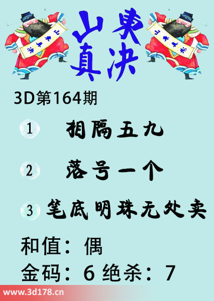 3d山东真诀图第2025164期推荐和值：偶