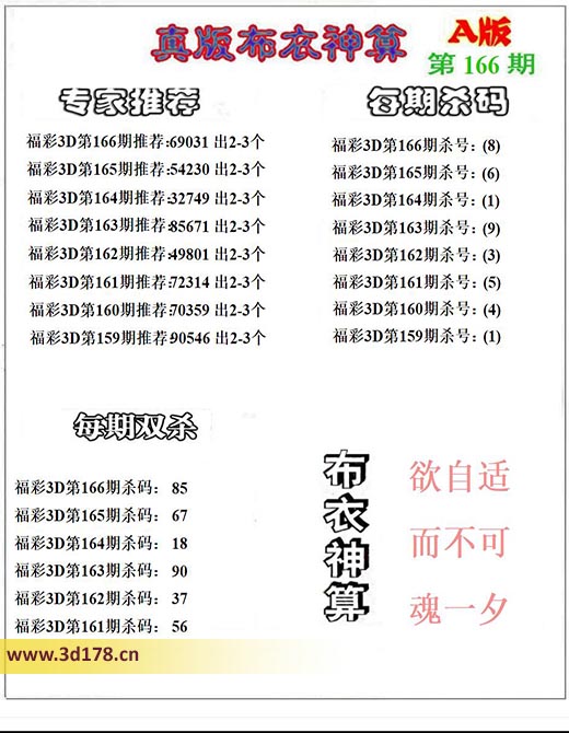 3d第2025166期布衣神算推荐：双杀85