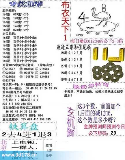 3d布衣天下第2025169期胆码推荐：023