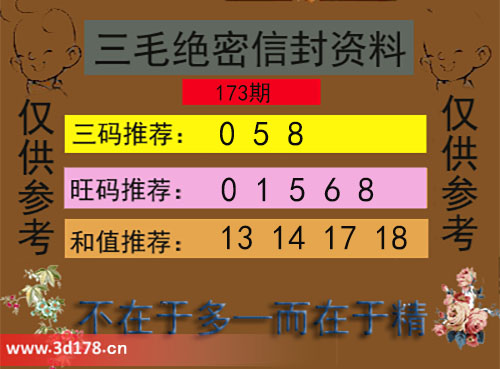 3d第2025173期三毛绝密信封资料图三码推荐：058