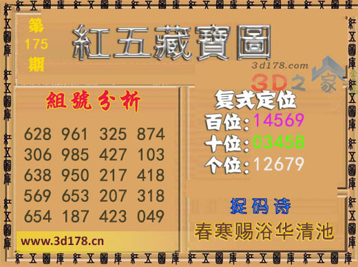3d第2025175期红五藏宝图推荐十位：03458