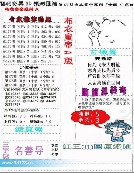 3d布衣皇帝第2025179期热码值：8 5