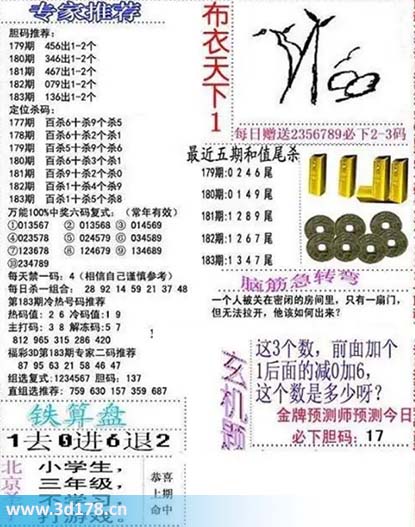 3d布衣天下第2025183期百位杀一码：1