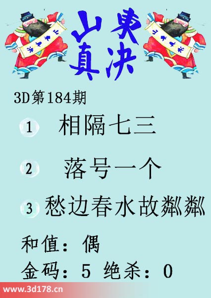 3d山东真诀图第2025184期金码：5