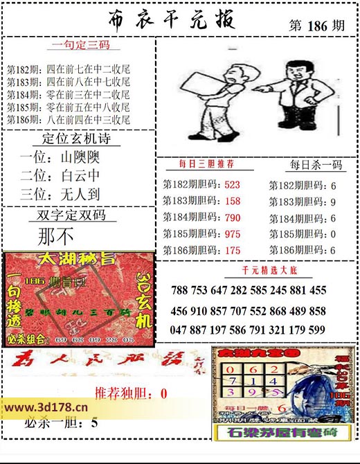 布衣千元报3d第2025186期双字定双码：那不