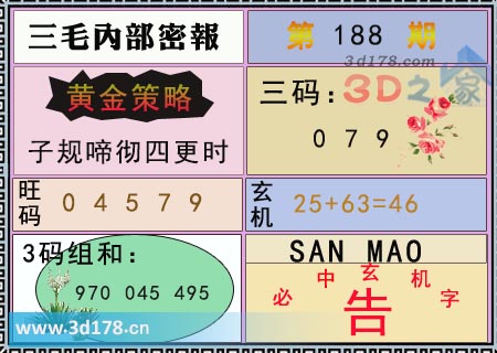 第2025188期3d三毛内部密报旺码推荐：04579
