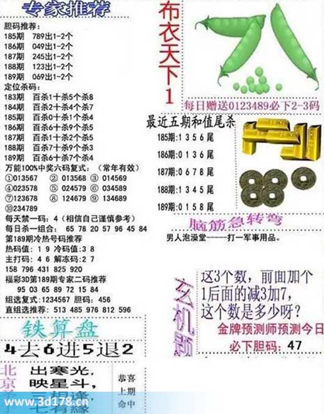 3d布衣天下第2025189期十位杀一码：7