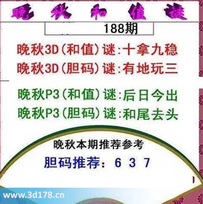 3d红五晚秋图第2025189期胆码谜：醉了不醒