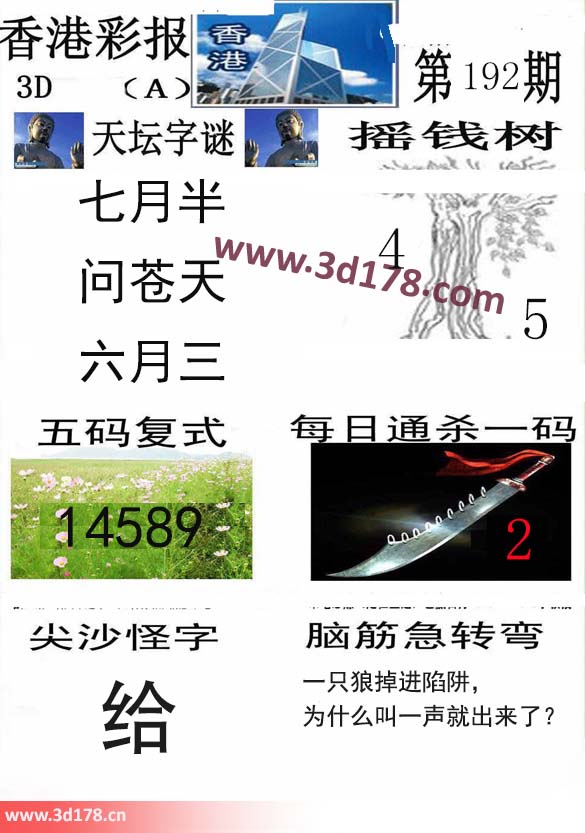 香港彩报3d第2025192期五码复式：14589