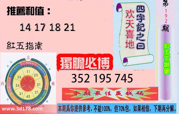 第2025192期3d红五玄机图独胆必博：352
