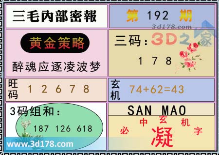 第2025192期3d三毛内部密报旺码推荐：12678