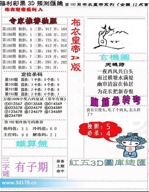 3d布衣皇帝第2025192期主打码：9 8