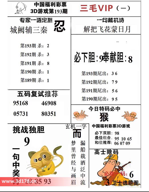 三毛图库3d第2025193期推荐必下胆：9