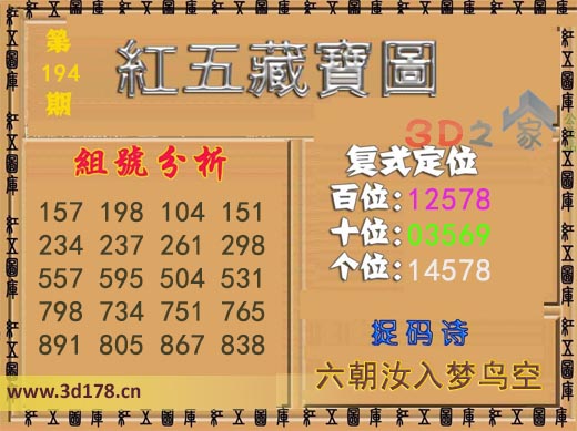 3d第2025194期红五藏宝图推荐百位：12578