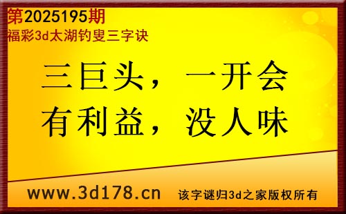 3d第2025195期太湖图库解字谜：三巨头，一开会