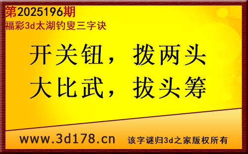 3d第2025196期太湖图库解字谜：开关钮，拨两头