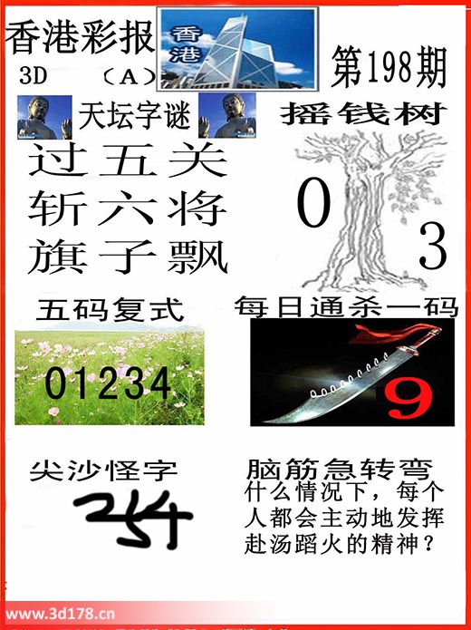 香港彩报3d第2025198期五码复式：01234