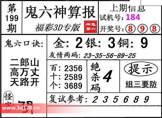 鬼六神算报3d第2025199期金胆：2