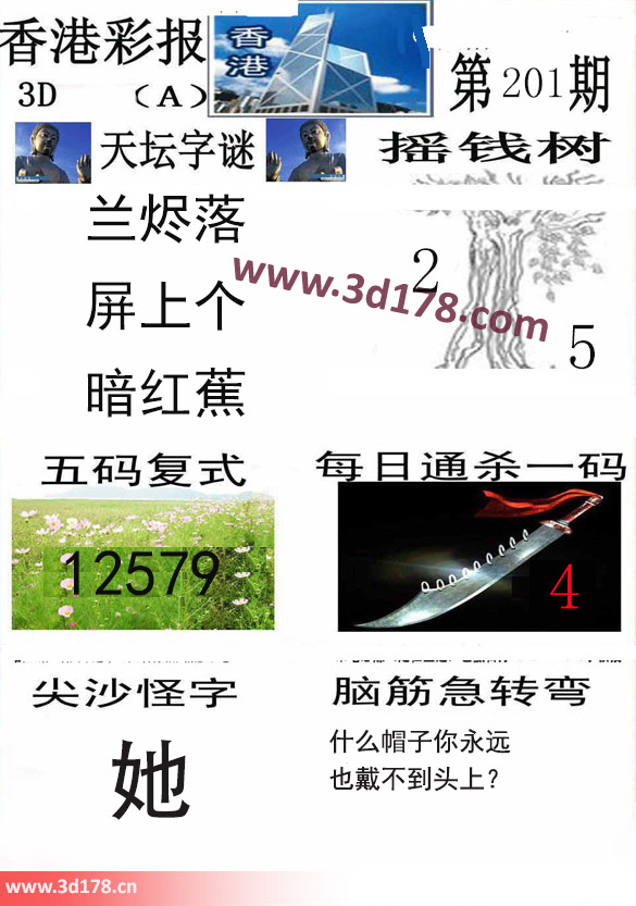 香港彩报3d第2025201期每日通杀一码：4