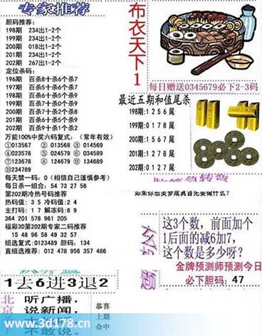 3d布衣天下第2025202期百位杀一码：9