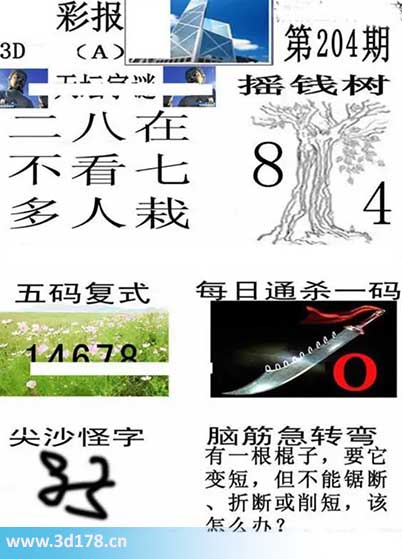 香港彩报3d第2025204期每日通杀一码：0