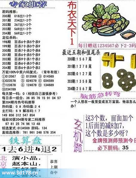 3d布衣天下第2025204期百位杀一码：6