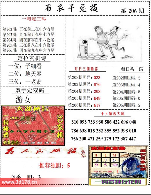布衣千元报3d第2025206期双字定双码：游女