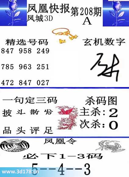 3d凤凰快报第2025208期杀一码：2