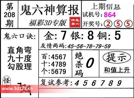 鬼六神算报3d第2025208期复式参考：456789