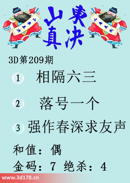 3d山东真诀图第2025209期金码：7