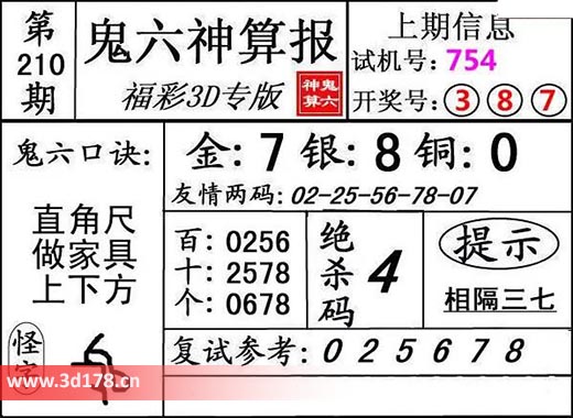鬼六神算报3d第2025210期推荐金胆：7
