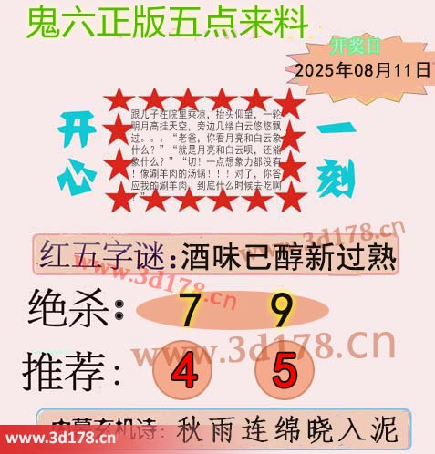 鬼六五点来料3d第2025213期绝杀：7 9