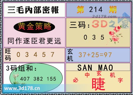 第2025214期3d三毛内部密报3码组合：407